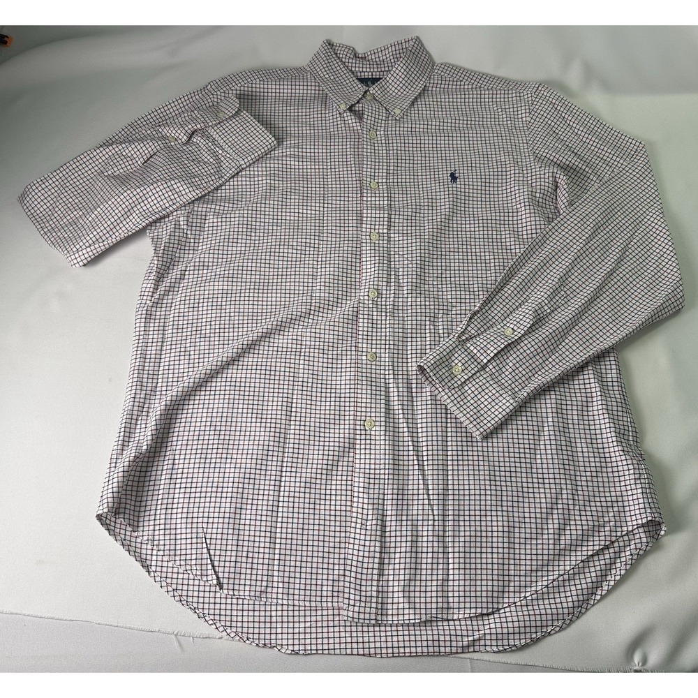 Ralph Lauren Men's Button-Down Dress Shirt in White with Navy and Red Check
